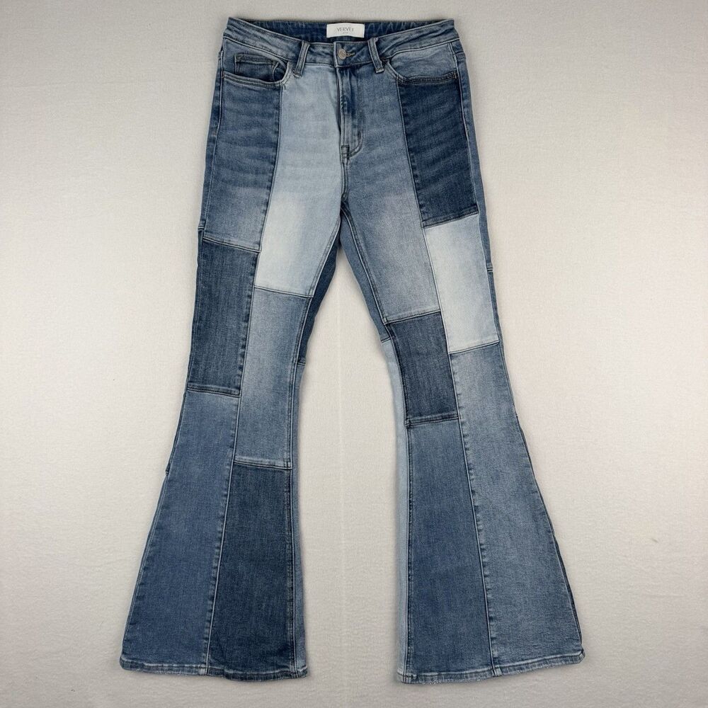 Vervet Patchwork Flared Stretch Blue Denim Women's Jeans 5-Pocket Design 28x32
